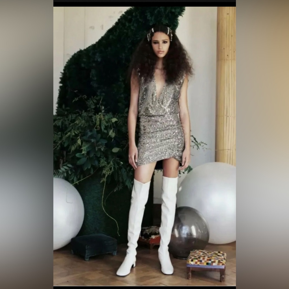 ZARA DRAPED SEQUIN silver plunge front DRESS Size medium brand new